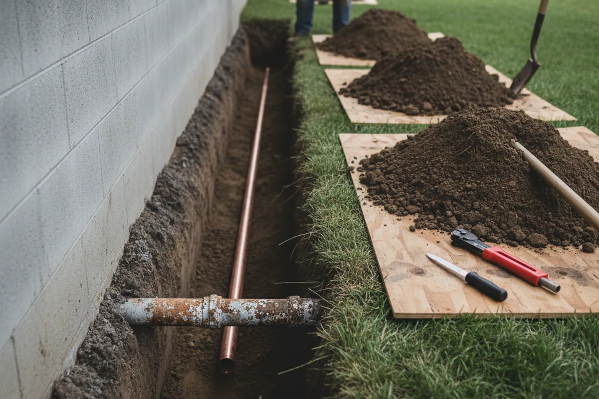Excavated water line trench during Sewer Line Repair in El Granada